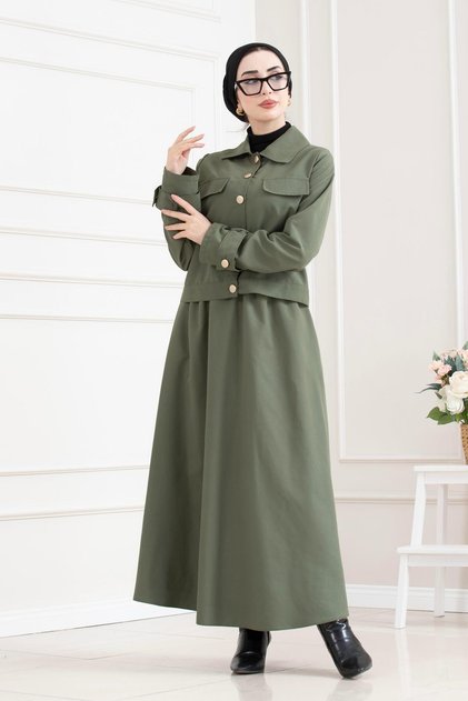 Double Hijab Set with Sleeve Patches - Khaki
