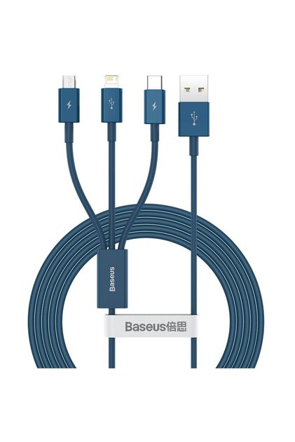 Cablu USB 3 în 1 Seria Superior, USB la micro USB / USB-C / Lightning, 3,5 A, 1,2 m (albastru)