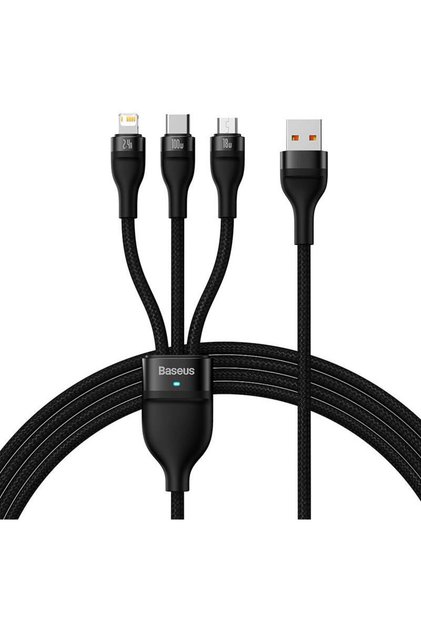 Cablu USB 3 în 1 Flash Series, USB-C + micro USB + Lightning, 100W, 1,2 m (negru)