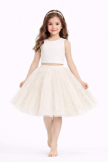 Girl's Pearl Detailed Ecru Tutu Skirt Birthday Graduation Party Skirt