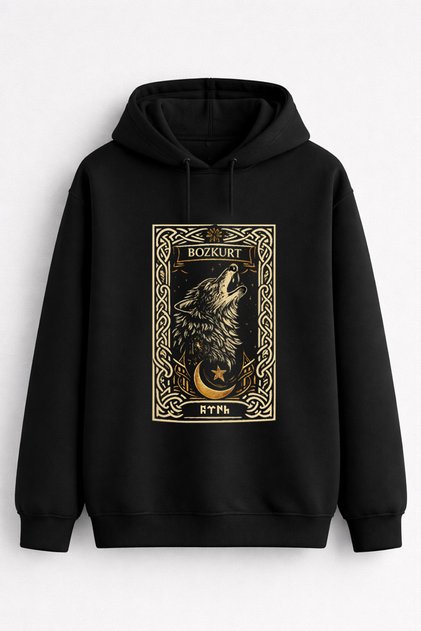 Turkish Bozkurt Kurt Göktürkçe Written Printed Men's Women's Children's Hooded Black Sweatshirt
