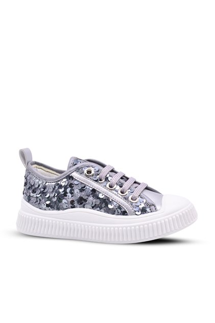 Sweet Girl's Sequined and Laced Silver Color Sneaker