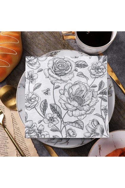 20pcs New Black Rose Printed Napkins Black and White Printed Paper Napkins Butterfly Bone Bart Handm