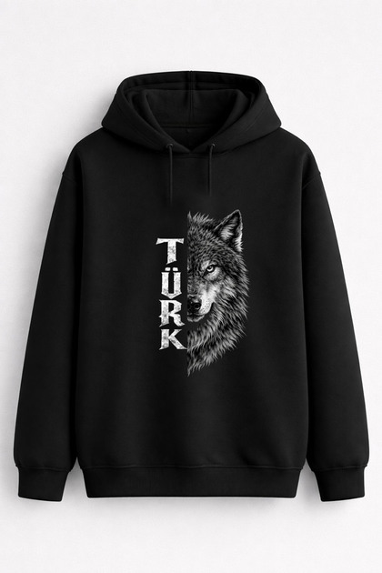 Turkish Bozkurt Kurt Göktürkçe Written Printed Men's Women's Children's Hooded Black Sweatshirt