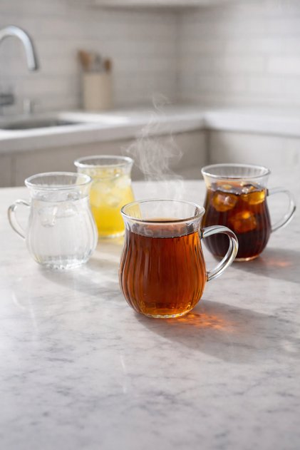Set of 4 200 ml Borosilicate Glass Cups with Handles and Line Patterned Diamond Glass, Heat Resistant Transparent Kw-728