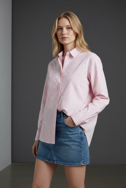 Pembe Kurdele Detaylı Çizgili Poplin Gömlek