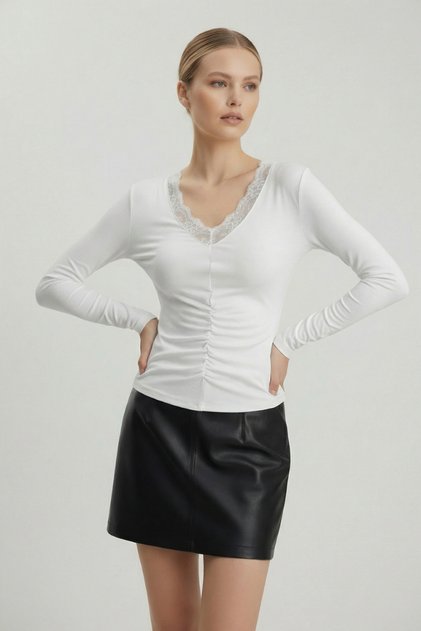 Women's V-Neck Lace Front Gathered Blouse