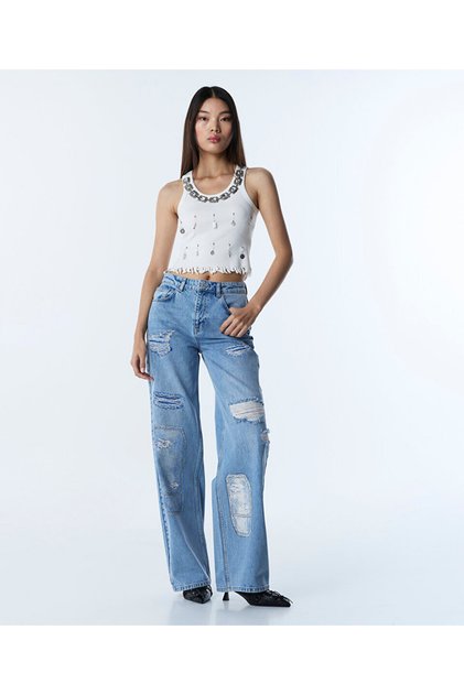 ESKİTME EFEKTLİ WIDE LEG JEAN PANTOLON