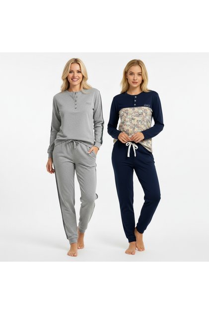 Women's Cotton Collared Buttoned Pocketed Gift Bundle and Dowry Set, 2 Pieces, 2-Piece Top and Bottom Pajama Set