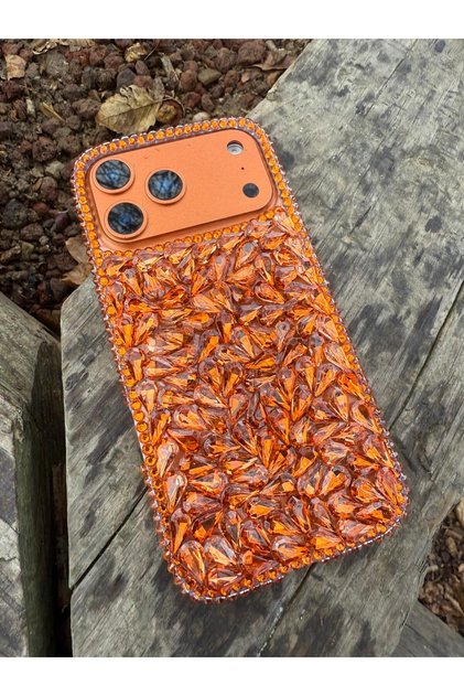 İPHONE 17 PRO MAX TURUNCU RENK FULL GERÇEK TAŞLI LUXURY KILIF