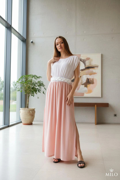 Hera Double Color Waist Knitted Muslin Dress Pink
