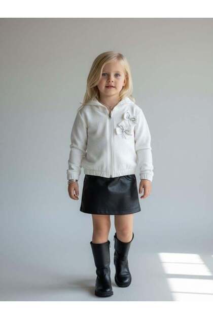 Girl's Cotton Hooded Textured Fabric Bow Detailed Zippered Cardigan