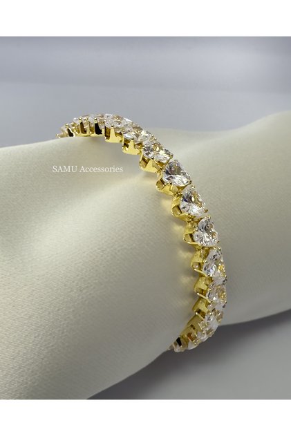 Full Tour Heart Stone Flexible Steel Bracelet - Golden Heart Tennis Flex