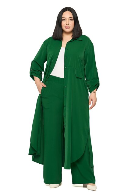 Plus Size Long Shirt Pants Emerald Green Two-Piece Set