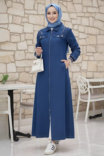 Women's Stone Embellished Zip-Up Ribbed Dark Blue Coat