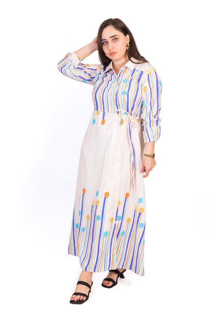 White Base Multicolor Stripe & Dot Printed Maxi Dress