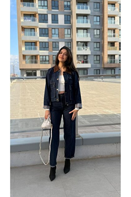 Ekose Detaylı Denim Takım