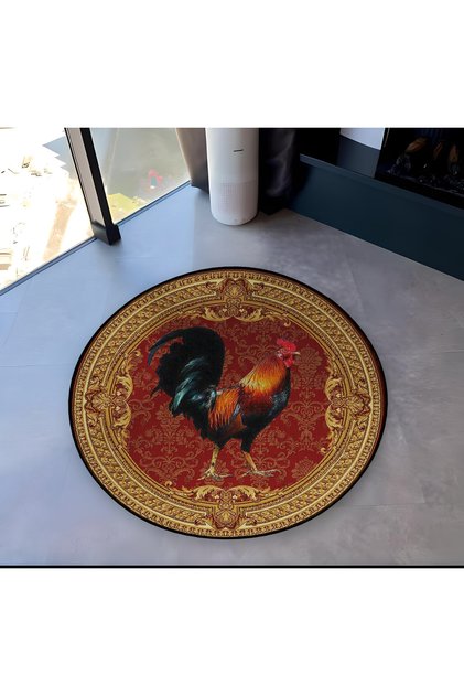Claret Red Theme Rooster Patterned Round Woven Base Vintage Decorative Carpet 6132