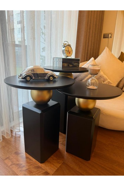 OBLİX siyah-gold kombini üçlü takım mobilya lake yan sehpa, 50-55-60 cm zigon