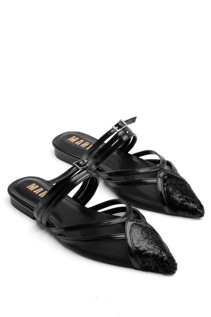 Women's Beige Furry Mesh Detailed Open Back Slippers Ballerinas