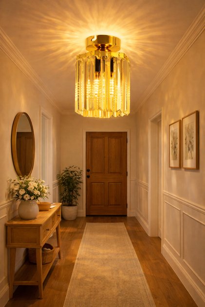 Altıgen Kristal Taşlı Sarkıt Gold 14cm Salon Mutfak Hol Antre Oda Avizesi