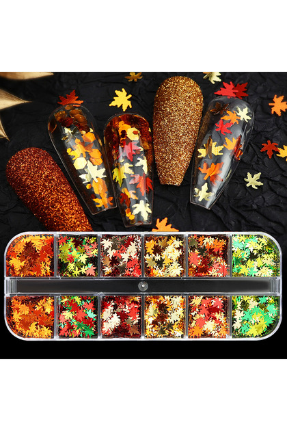 12 Renk Sonbahar Yaprak Figürleri İnce Pul Halinde Tırnak Nail Art