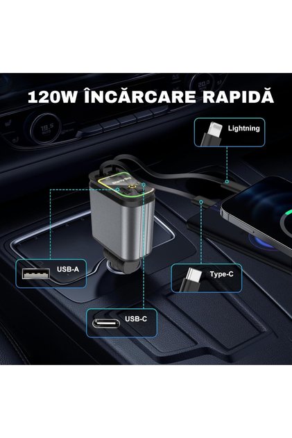 Încărcător Auto 120W MARBEX, 4 în 1, Cabluri Retractabile USB-C/iPhone, Proiecție Stele, Fast Charge