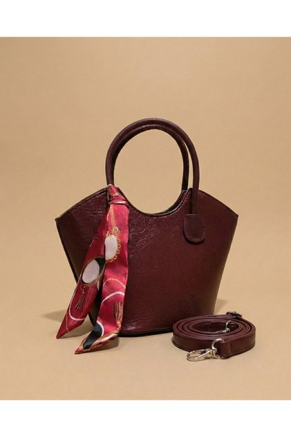 Kadın Bordo Dokulu Fularlı El ve Omuz Çantası Fermuarlı Astarlı Ayarlanabilir Askılı (26x18cm)