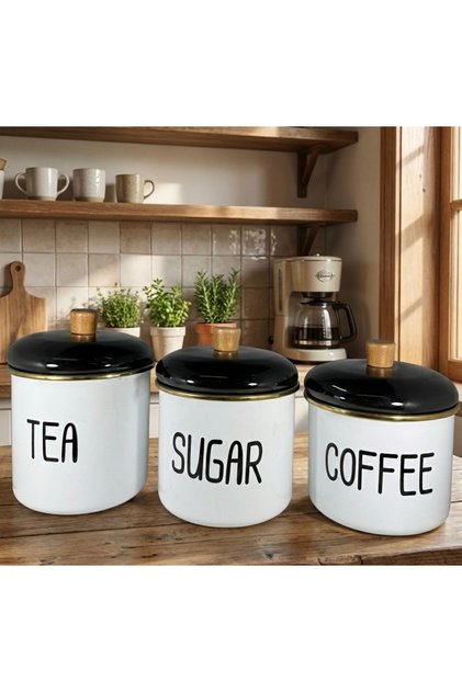 Enamel Tea, Sugar, Coffee Jar Set of 3 - Vintage Enamel Look Kitchen Tea and Sugar Set - White
