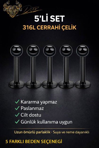 316L Cerrahı Çelik 5'li set Labret Dudak Yanak Burun Kulak Kıkırdak Piercing