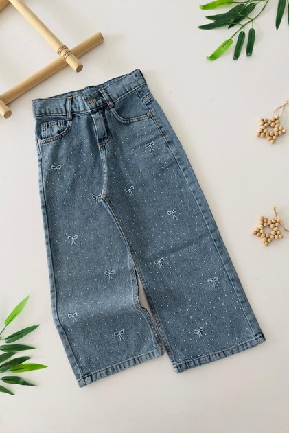 My Little One's Cicileri Bow Stone Detailed Wide Leg Girls' Jeans - Blue