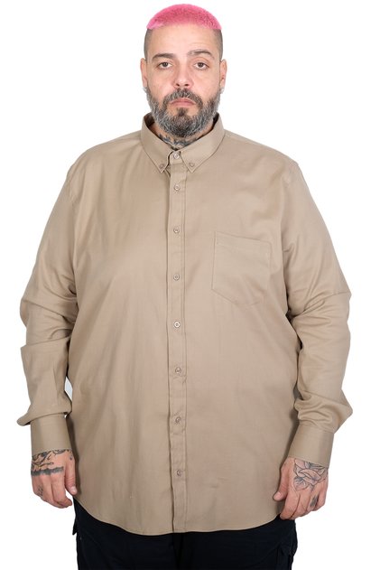 Mode XL Large Size Men's Long Sleeve Gabardine Pocket Shirt 25604 Beige