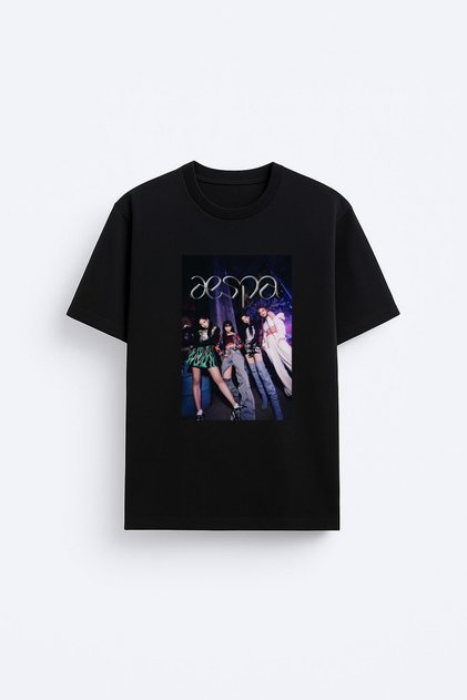 Aespa Music Group Printed Crew Neck Unisex Black T-Shirt T-Shirt