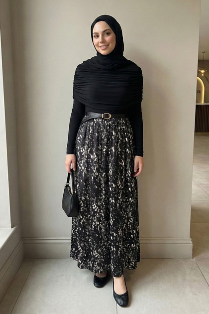 Chiffon Sandy Belted Draped Black Brush Pattern Dress