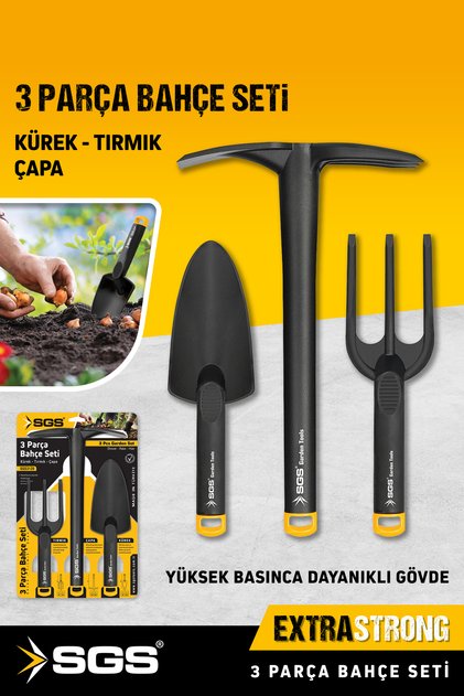 3120 Hobi 3'lü Mini Bahçe Seti Plastik Çapa Tırmık Kürek Saksı Çiçek Ekim Bakım Seti