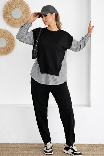 Women's Round Neck Striped Shirt Detail Tricot Modal Top and Bottom Set