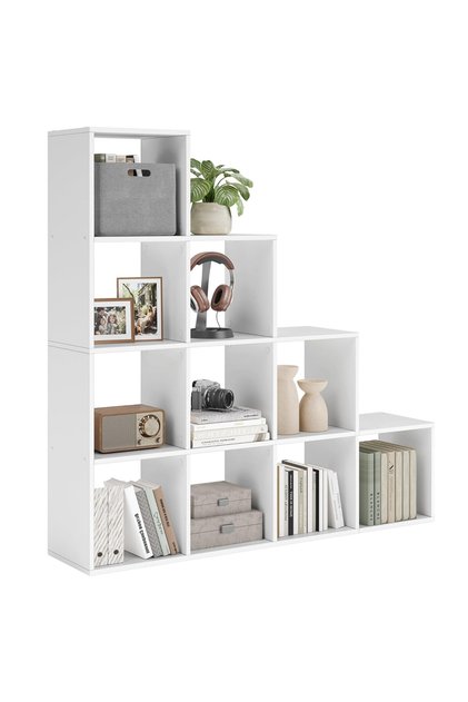 VASAGLE 10 Cube Wooden Storage Unit with Staircase Design - Freestanding Bookcase - White