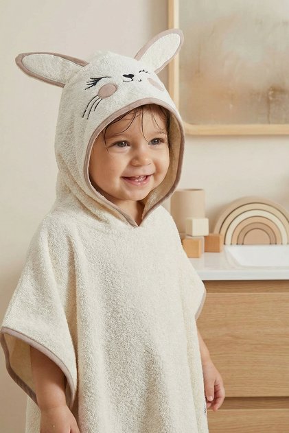 Baby Poncho Bath and Beach Towel 100% Cotton with Hood and Embroidered Figures - Bunny Cream