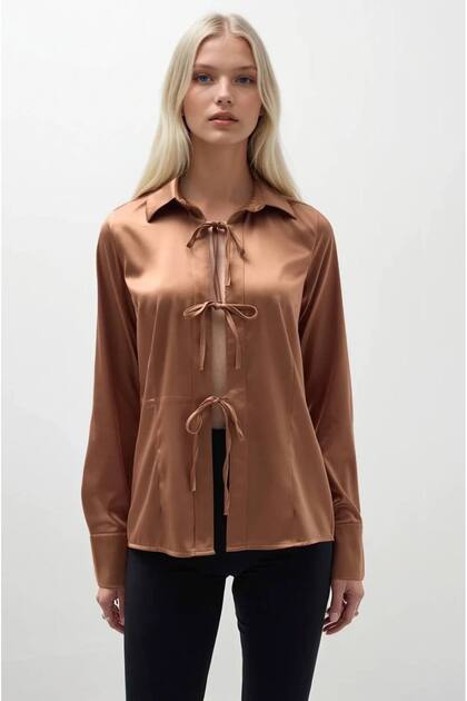 Front Bow Detail Satin Woven Fabric Women's Shirt with Buttonless Cuffs 52218012