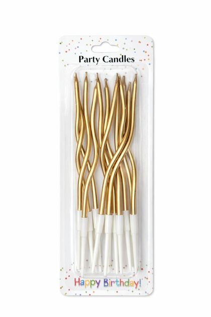 Lumânări Aniversare Răsucite din Parafină, Set 12 Bucăți, Gold, Party Candles