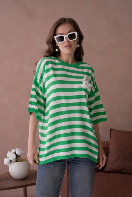 Women's Crew Neck Striped Oversize Long Knit Sweater 10075