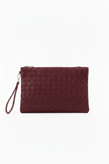 Burgundy Knitted Patterned Hand Strap Portfolio Clutch Bag 25X19 cm
