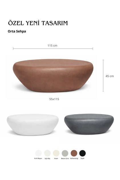 Modern Oval Tasarım Beton Görünümlü Orta Sehpa 115 cm | Fiberglas – Hafif ve Dayanıklı