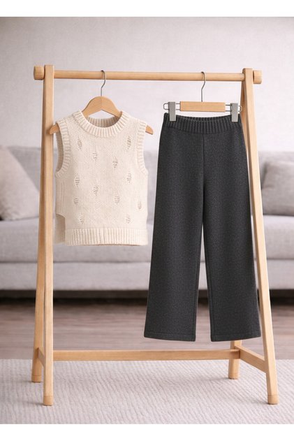 Cotton Hole Detailed Crew Neck Sweater and Knitwear Pants Top and Bottom Set