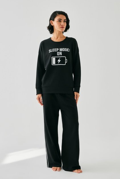Women's Black Sleep Mode on Oversized 2 Thread Tracksuit Home Wear Set