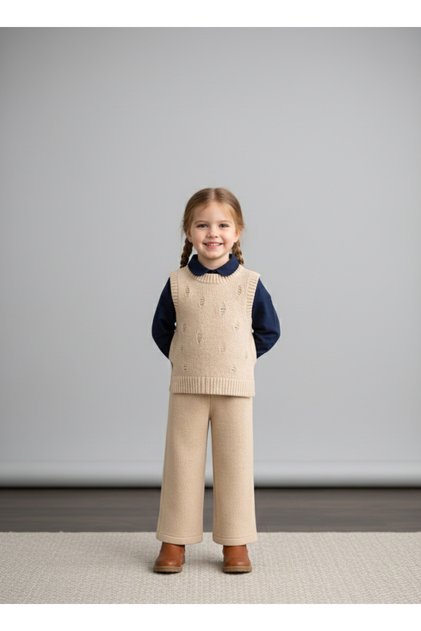 Cotton Hole Detailed Crew Neck Sweater and Knitwear Pants Top and Bottom Set