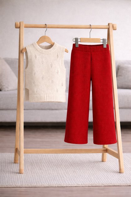 Cotton Hole Detailed Crew Neck Sweater and Knitwear Pants Top and Bottom Set