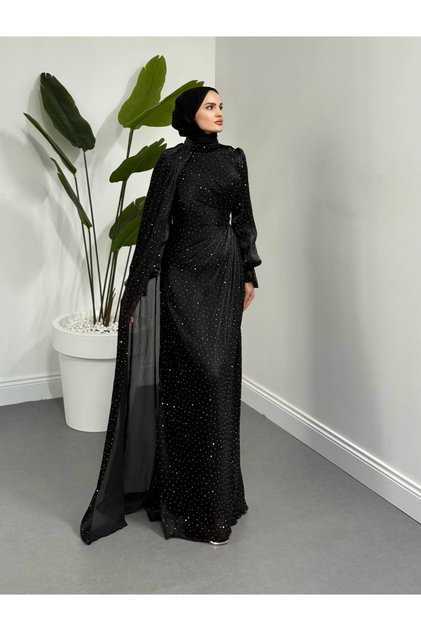 Taşlı Pelerinli Şifon Abiye Siyah