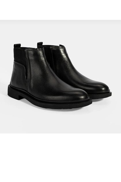 Castle 31235 Men's Black Genuine Leather Rubber Detailed Chelsea Boots