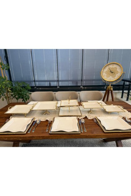 5 Piece Square Porcelain Dowery Set with Cast Frame, Stands, Handles & Presentation Set Gold